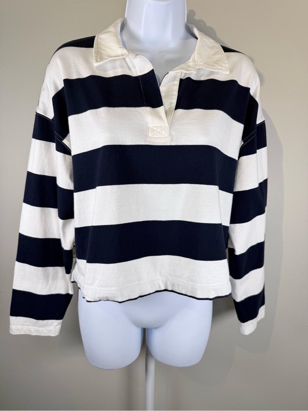 Old Navy Navy and White Striped Cropped Rugby Top